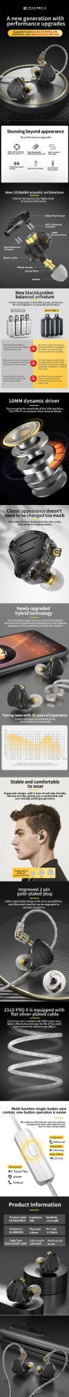 KZ ZS10 Pro X Fone Intra-Auricular HiFi Monitor Profissional Graves Potentes Cabo Removível
