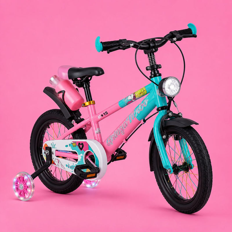 Bicicleta Infantil Aro 14 Rosa Shark com LED | Pneu Grosso, Rodinhas Laterais e Freio V-Brake | 3 a 7 Anos