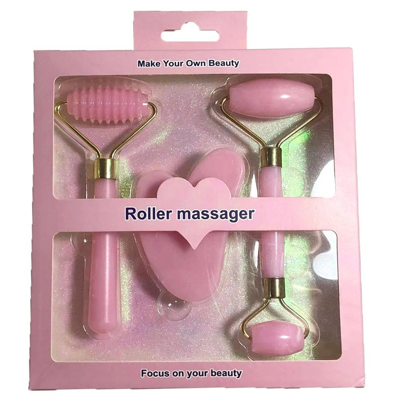 Kit 3 Peças Massageador Facial e Corporal — Rolo + Gua Sha para Sua Rotina de Skincare