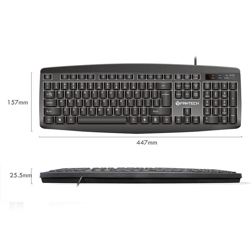 Kit Teclado e Mouse Fantech KM-100 USB Full Size 104 Teclas Silenciosas Plug & Play.